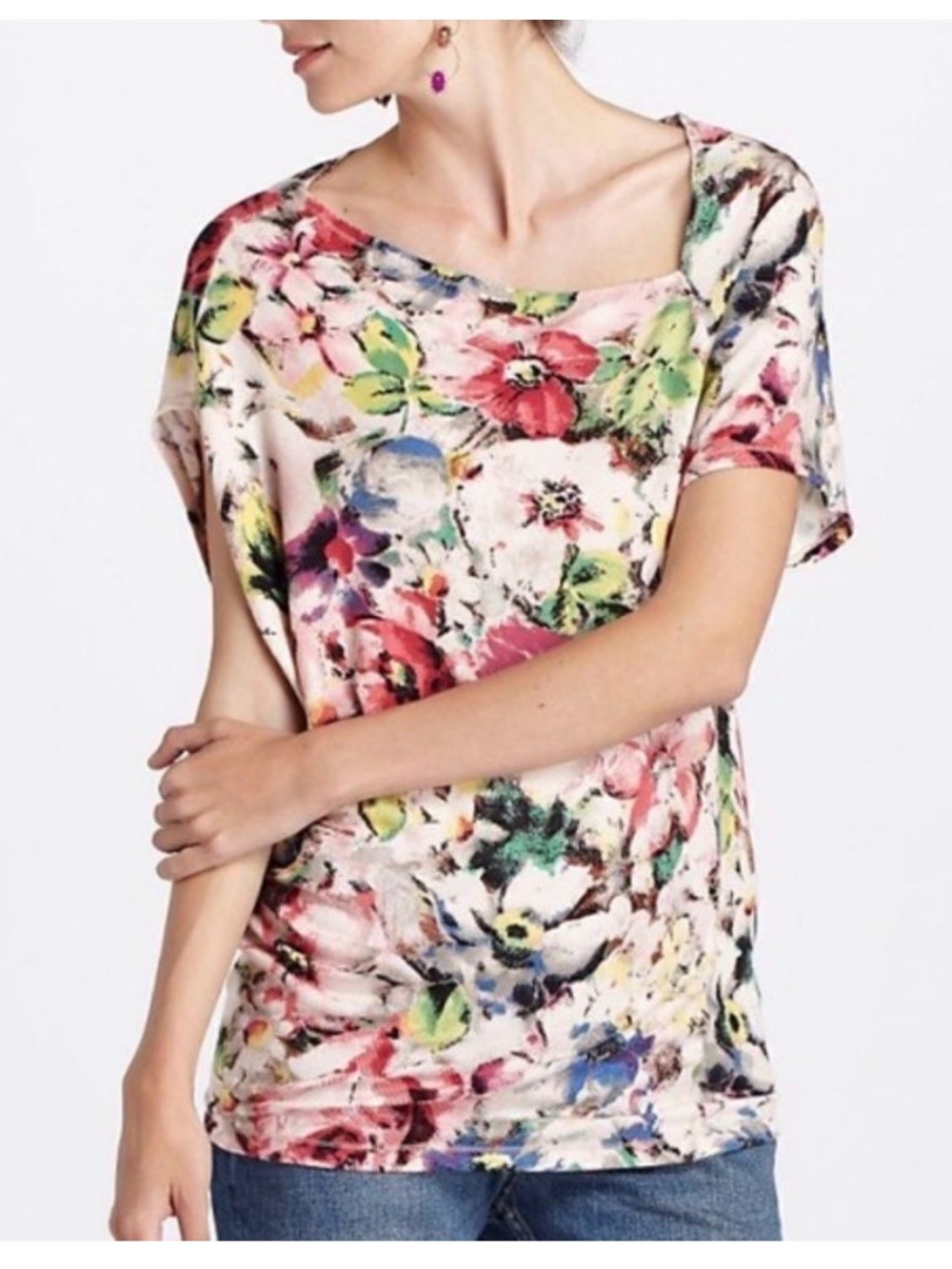 Anthropologie Deletta XS Quoin Asymmetrical Floral Ribbed Top Shirt 